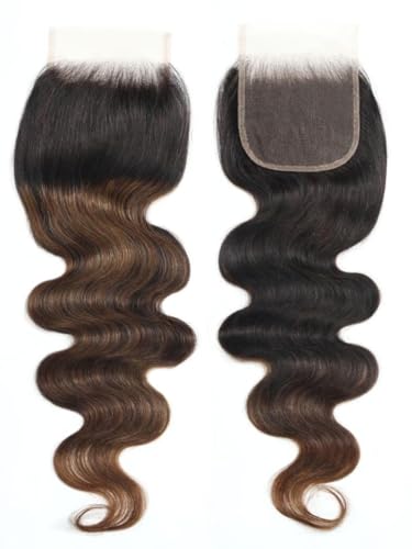 Image of UNICE 12A Body Wave Human Hair Bundles with 4x4 Lace Closure 14 16 18+14 inch 100% Brazilian Virgin Hair Weave Extensions Tangling-Free Shedding-Free Ombre Chestnut Brown Color