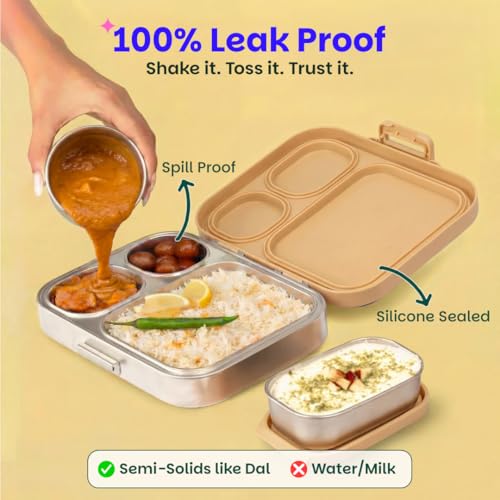Image of Basil Bento Box Quad Plus -3+1 Compartment Stainless Steel Lunch Box (1020ml) with BPA-Free Lid | Leak-Proof Tiffin for Kids & Adults | Premium Lunch Box for School, Office & Picnic -Himachali Guldaan