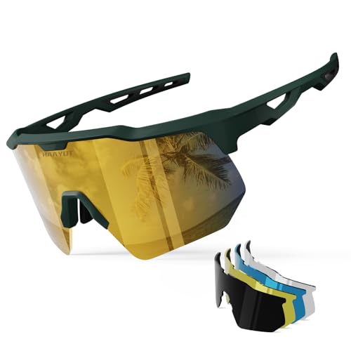 HAAYOT Polarized Cycling Glasses,Sports Sunglasses for Men Women,Baseball Biking Running Sunglasses 5 Lenses Green Gold