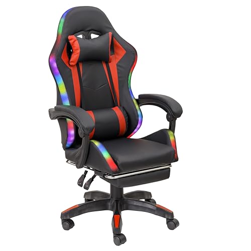 Baroni Home Sedia Gaming Ergonomica con Cuscino Lombare, Luci Led Regolabili e Poggiapiedi Estraibile, Sedia Ufficio con Schienale Inclinabile e Altezza Regolabile, Rosso, 68x66x125-133 cm