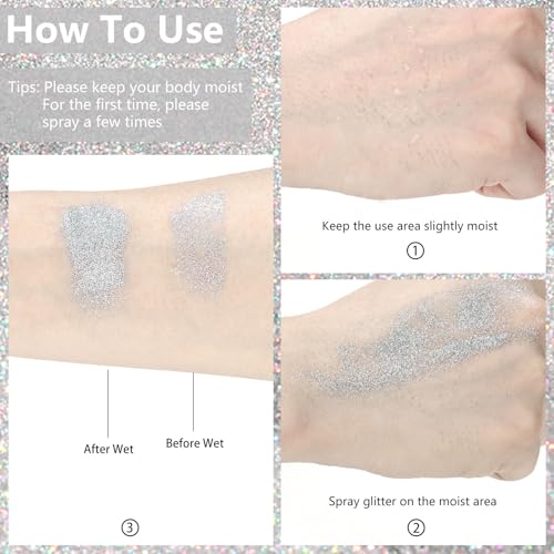 Etercycle Body Glitter Spray, Silver Hair Glitter Shimmer Sparkle Powder, Extra Fine Face Body Shimmer Cosmetic Glitter Makeup for Rave Clothes Nail Art Easter Halloween Crafts