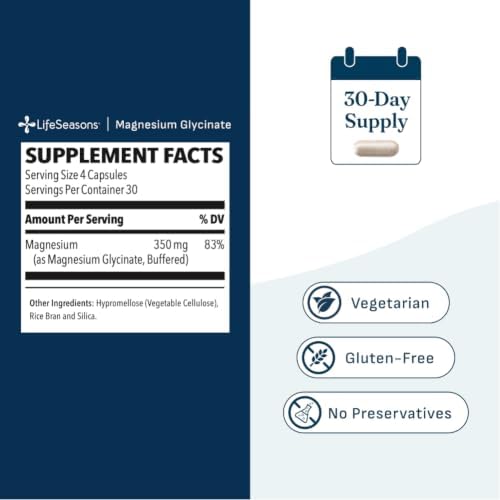 LifeSeasons 마그네슘 글리시네이트 350mg - 수면 지원, 기분 진정 및 근육 이완을 위한 흡수력이 뛰어난 마그네슘 보충제 - 비건, 글루텐 프리, 채식주의자 캡슐 120개 — 사진 3