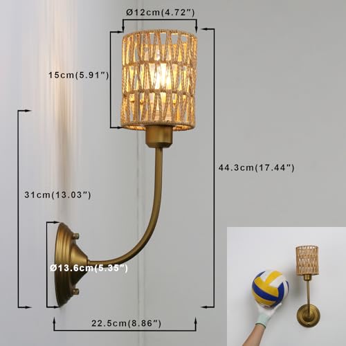 Image of Yosoan Set of 2 Rattan Boho Wrapped Wall Sconce Light, Indoor Hardwired Gold Hand-Woven Farmhouse Vintage Lamps, Brass Braided Rope Shade Wall Mount Fixture for Reading Bedroom(Antique)