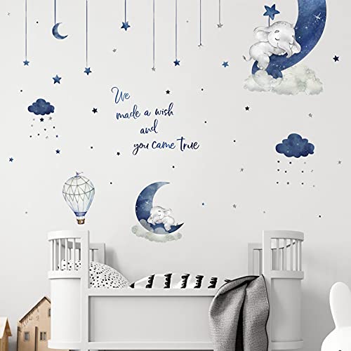 Yovkky Watercolor Blue Grey Sleeping Elephant Wall Decals, We Made A Wish Moon Star Cloud Stickers Hot Air Balloon Nursery Decor, Home Baby Shower Decoration Kids Boy Toddler Bedroom Playroom Art Gift #TOP5