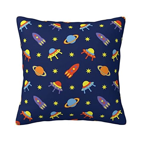Cartoon Spaceship and Rocket Double Sided Pillow Covers Outer Space Theme Pattern Plush Pillowcases Square Cushion Pillow Cases for Sofa Bed Home Decor -45x45cm Cover