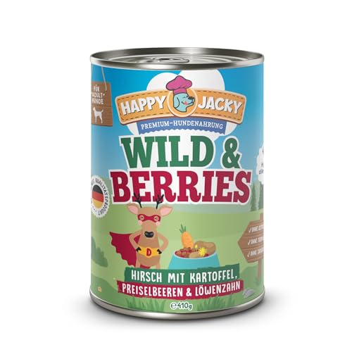 HAPPY JACKY | extra sensitives High-Premium Nassfutter für Hunde ohne Getreide | Hirsch mit Kartoffel, Preiselbeeren & Löwenzahn | ohne Konservierungsstoffe, Zuckerfrei | 6x410g