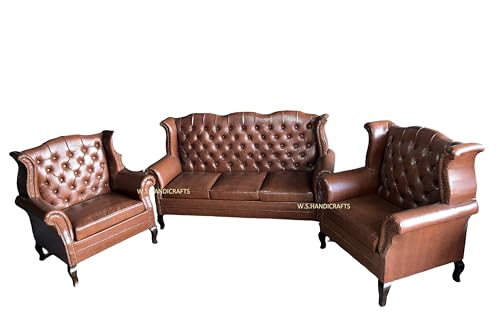 Image of Wooden 5 Seater Leather Sofa Set, Solid Wood Hand-Carved Sofa with Leather Upholstery, Traditional Design Furniture for Living Room, Home, Office
