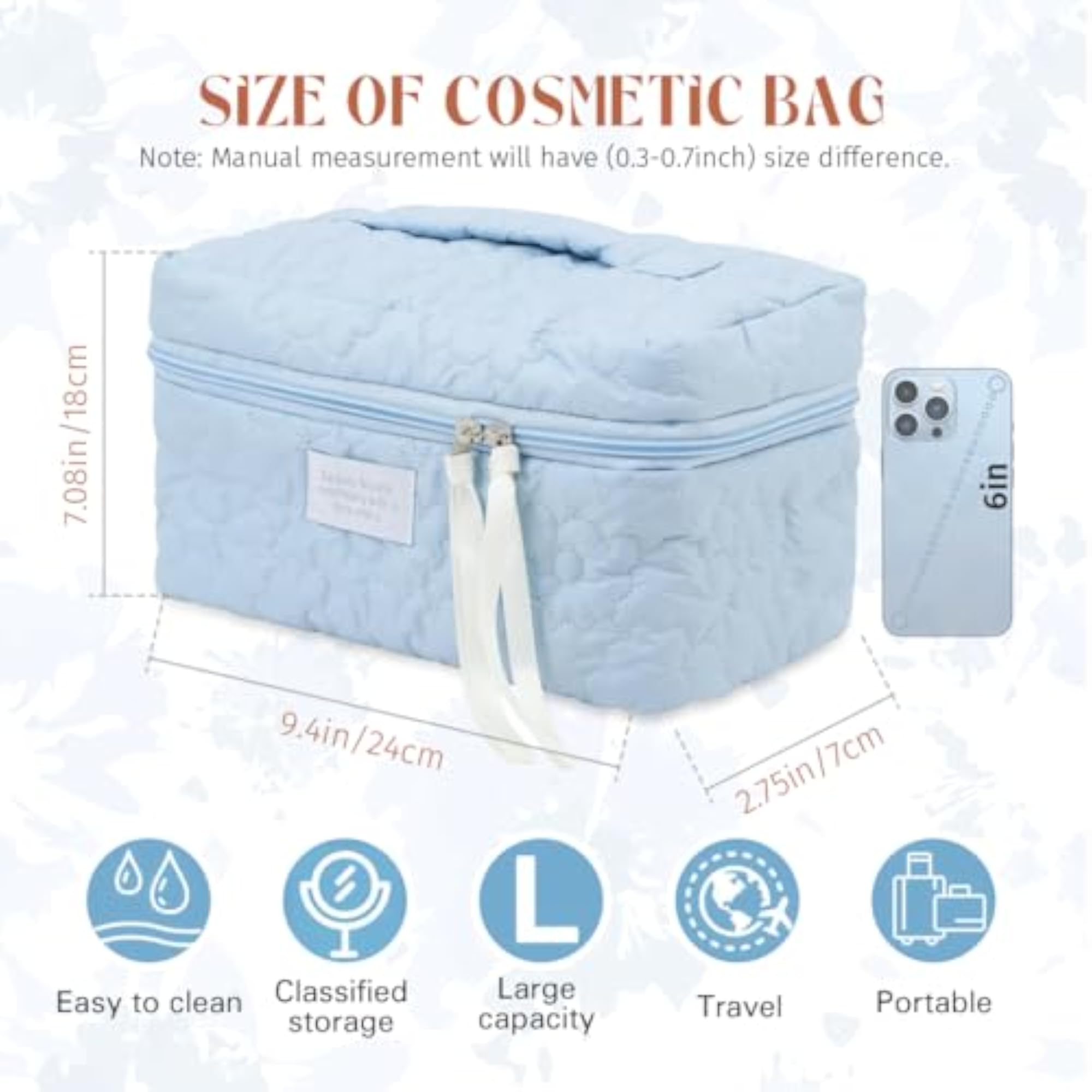 Portable Quilted Makeup Pouch Bag, Large Capacity