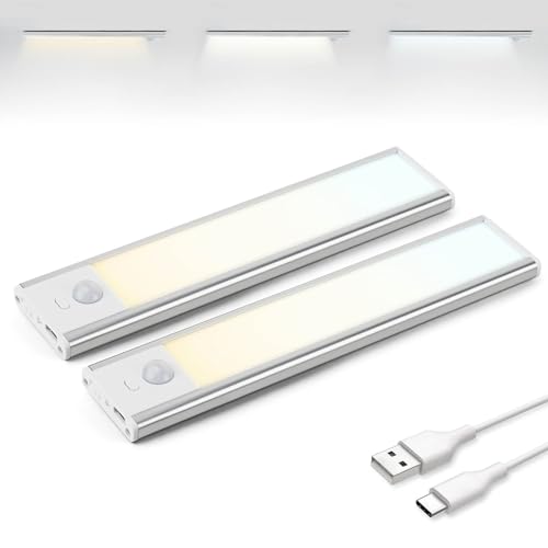 Brendz Schranklicht mit Bewegungsmelder, Kleiderschrank Beleuchtung, 2 x 20cm, 3 Farbtemperaturen, Aufladbar, Dimmbare Schrankbeleuchtung, Led Lichtleiste Kabellos, Silber