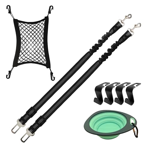 Prestrix Dog Car Accessories Essentials Kit, with 2 Retractable Harness Adjustable Seat Belt Leash, Portable Collapsible Pet Bowl, Car Net Barrier for Dogs in Vehicle, and 4 Headrest Hooks for Hanger