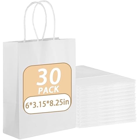 GITMIWS 30 Pack Small White Kraft Paper Bags, 6''x3.15''x8.25'' Small Craft Paper Bags with Handles Bulk, Grocery Retail Paper Bags for Small Business, Party Favors Take Out Sacks Cover