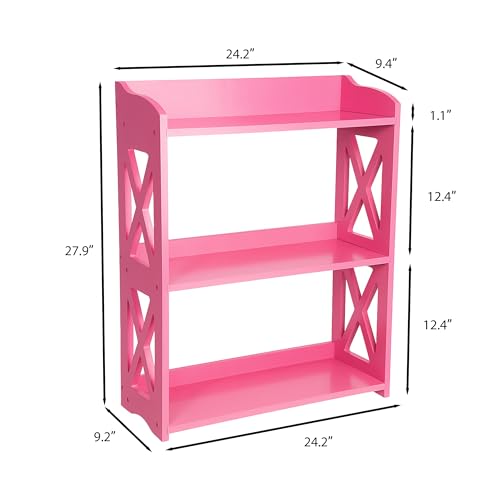 Image of Pink Bookcase by Natural Wood, 3 Tier Bookshelf, Small Book Shelves Freestanding Display Storage Shelves. Open Bookshelf for Bedroom, Living Room and Office (Pink, 3 Tier)