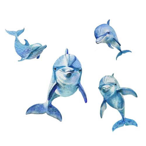 SUPERDANT Aquarelle Dauphin Stickers Muraux Bleu Dauphin Autocollant Mural 4 PCS Mignon Animaux Marins PVC Décor DIY Art Décorations Murales Murales pour Chambre...