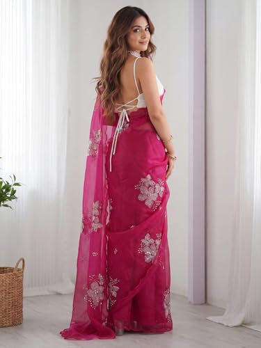 Image of AKHILAM Women's Shimmer Pure Georgette Embroidered Ready To Wear one Minute Saree With Unstitched Blouse Piece