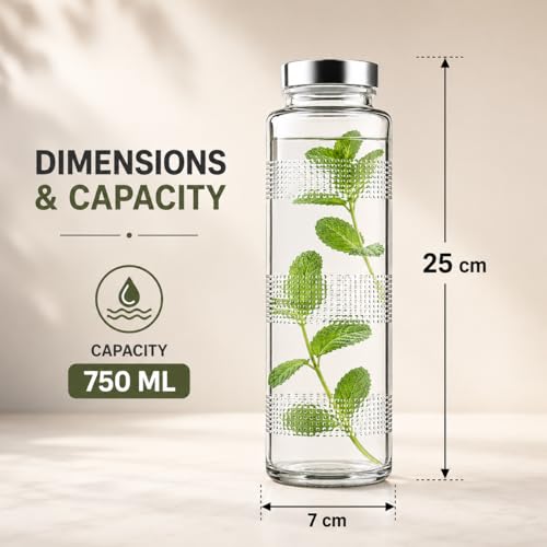 Image of MACHAK Glass Round Transparent Bottle With Leak-Proof Steel Cap | Ideal For Water, Juice, Smoothies & Detox Drinks| 750 Ml (4)