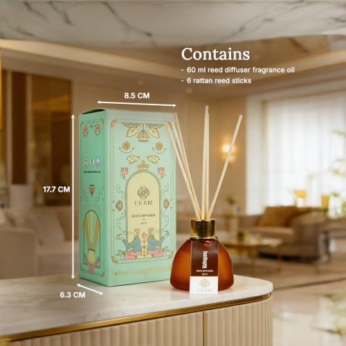 Image of EKAM Mahogany Reed Diffuser Set 60ml | Frosted Glass Bottle with 6 Natural Reed Sticks | Aromatherapy & Stress Relief | Long-Lasting(Up to 30 Days), Smoke-Free Air Freshener for Home, Bedroom & Office