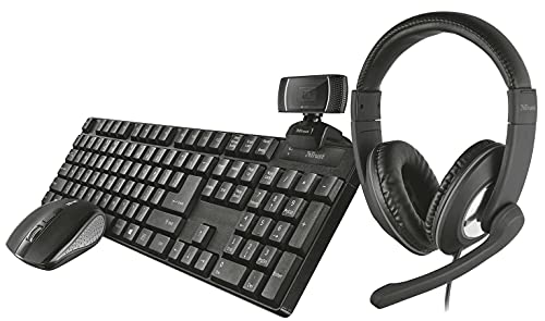 Trust 24105 4-in-1 Home Office Set Remote Working Keyboard Headphones with Mic Mouse Webcam Bundle,Black