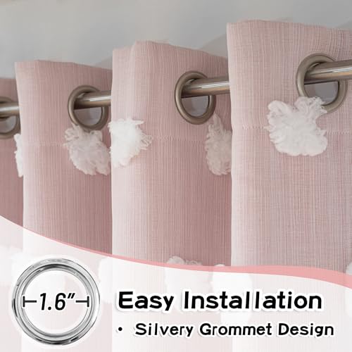 Image of MYSKY HOME Light Blocking Pink Curtains for Living Room White Sheer Pom Pom Kids Room Decor Drapes 102 Inches Long Double Layer Curtain for Sliding Door Grommet Window Panels Set of 2 52 inch x 102 inch