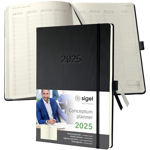 SIGEL C2518 Planungsbuch Wochenplaner Wochenkalender 2025, extra groß, A4+, 1 Woche = 2 Seiten, 1 Spalte pro Tag, schwarz, Hardcover, 192 Seiten, Stiftschlaufe, Archivtasche, Conceptum