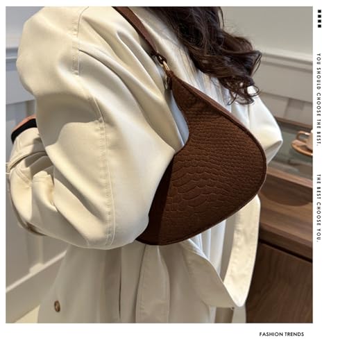 Women's Brown Crescent Shoulder Bag. Classic, Contemporary Style. Felt. Secure Pockets. All Seasons. Casual, Travel Occasion.4