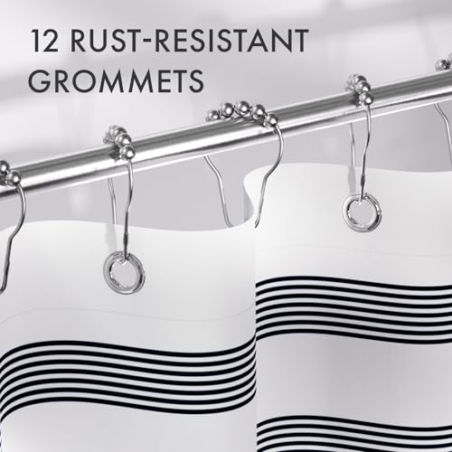 Image of AmazerBath Navy Blue Shower Curtain, Blue and White Striped Bathroom Shower Curtain with 12 Shower Curtain Hooks, Rustic Fabric Blue and White, 72x72 Inches
