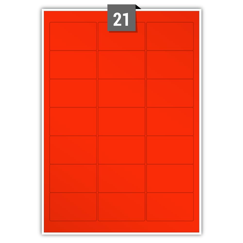 Fluorescent Permanent Adhesive Dry Edge Red Paper Labels 21 Rectangle Printable Labels per A4 Plain Sheet – Label Paper Size 63.50 mm x 38.10 mm Ideal for Office, Packaging, Shipping