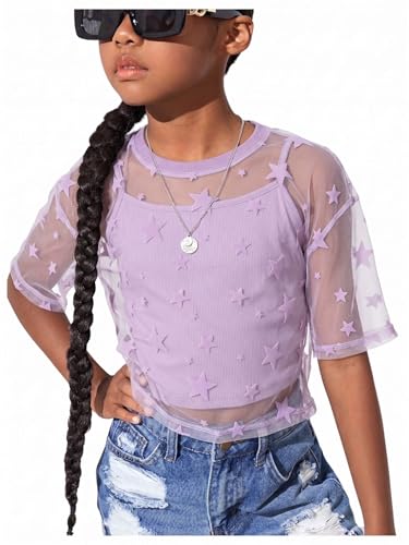 Image of BEAUDRM Girl's 2 Piece Set Star Graphic Sheer Mesh Shirt Crew Neck Short Sleeve Crop Top with Camisole