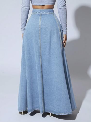 CHARTOU High Waisted Maxi Denim Skirt Women Elegant Pleated Button Up Patchwork Flowy Long Jean Skirts4