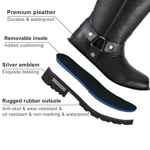 Dream Apparel Men's 12" Harness Motorcycle Riding Boots for Biker, Square Toe Knee High Boots with Full Length Side Zipper, Black PU Leather Mid Calf Footwear2