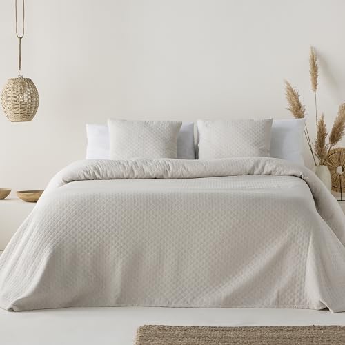 GAMUSI Colcha Cama 150 cm Ligera Entretiempo Primavera Verano Lisa Jacquard algodón Transpirable, 250x270 cm, Color Lino