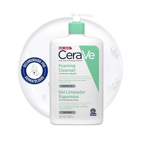 CeraVe Gel Limpiador Espumoso, Para Piel Normal a Grasa, Elimina el Exceso de Grasa y Suciedad, Enriquecido Con Ceramidas Esenciales, Niacinamida y Ácido Hialurónico, Apto para Rostro y Cuerpo, 1000ml