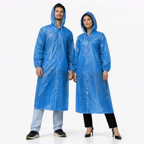 Image of Robustt EVA Reusable Raincoat with Hood (Dark Blue) - Pack of 10 | Elasticated Full Sleeves Outdoor Waterproof Raincoat for Men & Women | Rainwear | Button Closure | Knee Length | Universal Fit