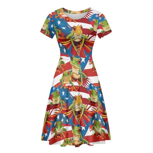 KiuLoam Puerto Rico Flag Frog Women Casual Round Neck A-Line Dress Short Sleeve Midi Dresses Party Elegant Beach Sundresses Plus Size XL