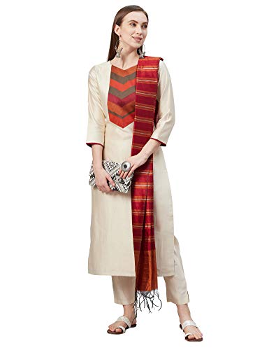 Image of INDO ERA Women's Polyester Solid Straight Kurta With Pant & Dupatta Set (Cream IE24KD9CR1846)