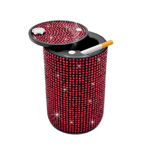 Image of Car Cigarette Ashtray with Lid, Stainless Steel Bling Crystal Diamond Smokeless Fireproof Vehicle Ashtray Holder, Portable Sparkling Ashtray Cup Holder for Car Home Office (Red)