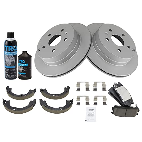 Image of TRQ Rear Brake Pad & Rotor Kit, with Chemical Kit Parking Brake Shoe Set Ceramic Premium G-Coated Compatible with 2010-2017 Chevrolet Equinox GMC Terrain