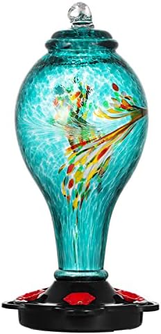 LUJII Hand Blown Glass Hummingbird Feeder for Outdoors Hanging, Leakproof, Never Fade, 36 fl.oz, 5 Feeding Metal Stations, Much Bigger, Garden Backyard Decoration, Great Gift for Bird Lover, Blue