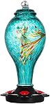 LUJII Hand Blown Glass Hummingbird Feeder for Outdoors Hanging, Leakproof, Never Fade, 36 fl.oz, 5 Feeding Metal Stations, Much Bigger, Garden Backyard Decoration, Great Gift for Bird Lover, Blue