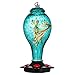 LUJII Hummingbird Feeder, Hand Blown Glass Hummingbird Feeder, Never Fade, 36 Fluid Ounces, 5 Feeding Metal Stations, More Biger, Garden Backyard Decorative, Containing Ant Moat (Blue)