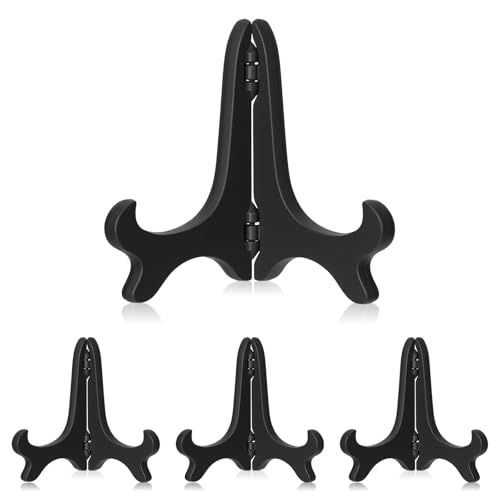 Aphumedc 4PCS Plastic Plate Stands, Decorative Picture Holder for Displaying, Black Wood-like Easels for Sign, Cookbook, Now Playing Vinyl Record, Recipe Book - 4 Inch