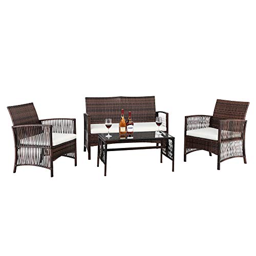 Henf 4 Pcs Patio Wicker Conversation Furniture Set, Outdoor Patio Rattan Sofas With Weather Resistant Cushions And Tempered Glass Tabletop, Bistro Armchair Sets For Garden, Backyard, Brown Gradient #TOP24