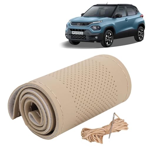 Image of KINGSWAY PU Leatherite Car Steering Cover Sewable Compatible with Tata Punch (Year 2021 Onwards), Beige Color with Beige Thread, Pack of 1 with Sewing Needle and Thread