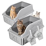 2PACK Stainless Steel Cat Litter Boxes, Large Metal Litter Box with High Sides Lid, Odor Free Litter Pan Include Scoop Easy Cleaning Anti-Scratch Kitty Cat Box Anti-Urine Leakage, Non-Sticky