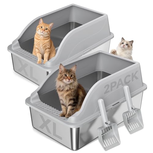 2PACK Stainless Steel Cat Litter Boxes, Large Metal Litter Box with High Sides Lid, Odor Free Litter Pan Include Scoop Easy Cleaning Anti-Scratch Kitty Cat Box Anti-Urine Leakage, Non-Sticky