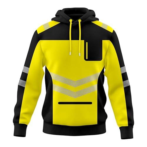 TORO ACTIVA Mens Hi Vis Hoodie Safety Work Wear Sweatshirt Security Reflective Tape High Viz Hoodie High Visibility Pullover Hooodie Top Front Zipped Pocket S/2XL