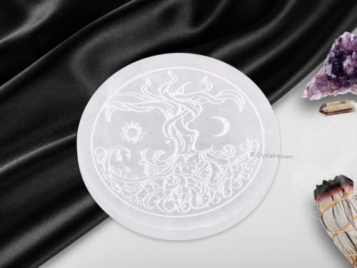 Image of Certified Selenite Crystal Charging Plate, 4 Inch Engraved Tree of Life Selenite Plate for Crystal Cleansing Re-Energy Work, Meditation and Pooja