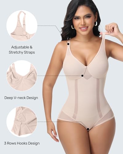 Shapewear Bodysuit with Underwire for Women Deep V Neck Body Shaper Bodysuit Low Back Shapewear4