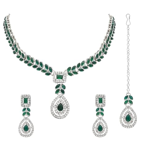 Image of I Jewels Silver Plated Elegant Leaf Motif Necklace Set with Earrings & Maang Tika for Women