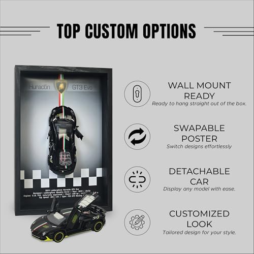 Image of CodersParadise Lamborghini Huracan Black 3D Car Frame Wall Art - 1:32 Die-Cast Metal Model with Wooden Display Frame | Detachable Miniature, Interchangeable Posters, Pull-Back Action & Opening Doors