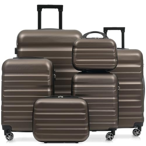 Merax Luggage Set 6 Piece, Hardshell ABS Suitcases with 8 Silent Spinner Wheels, Durable and Lightweight Travel Luggage for Family Trips, Brown